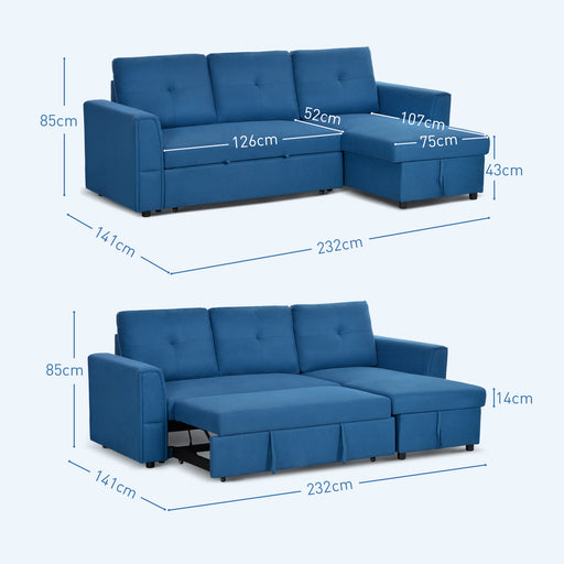 3 Seater Sofa Bed, Convertible Pull Out Sofa with Storage, Dark Blue