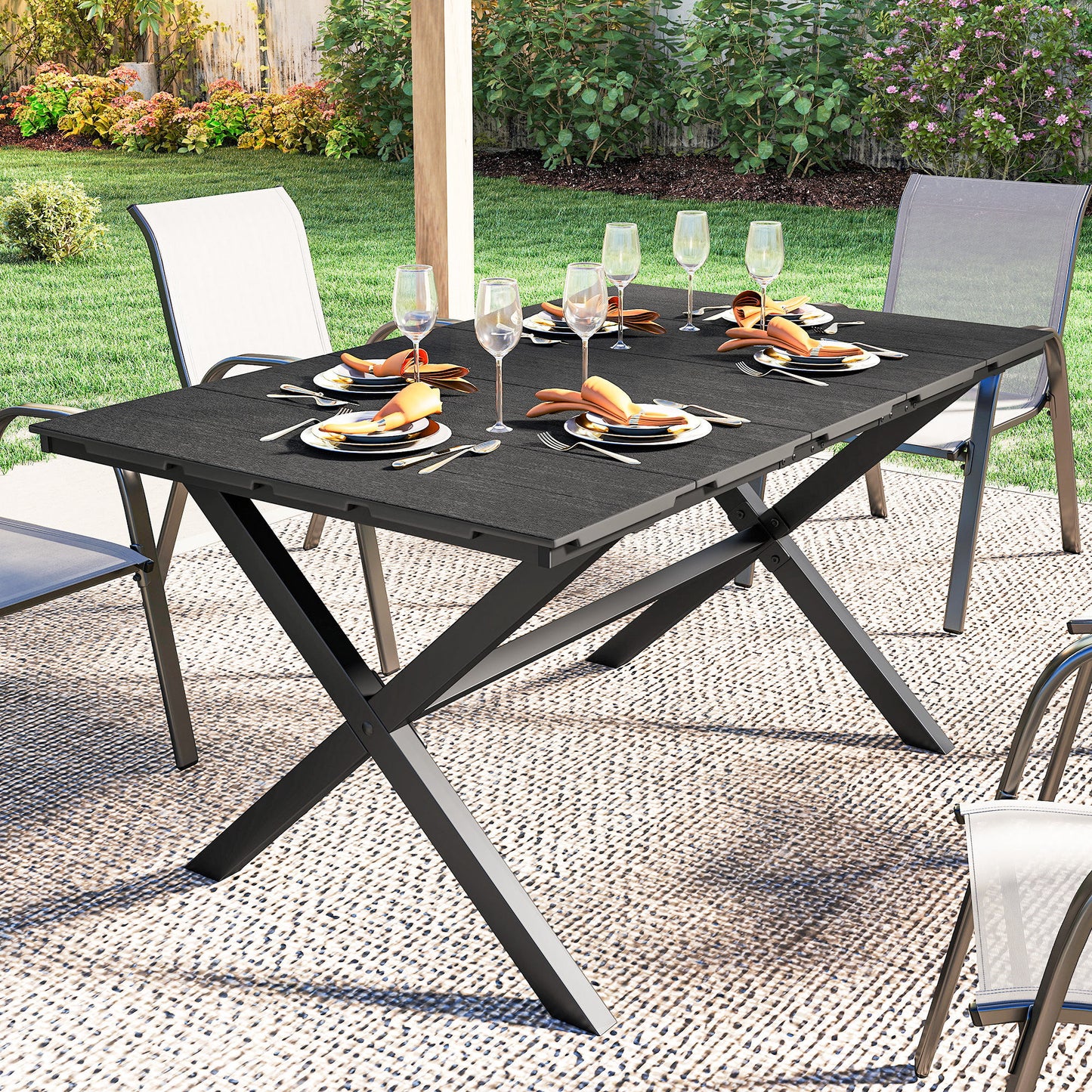 Garden Dining Table, Outdoor Table for 6, Wood Effect Top, Black