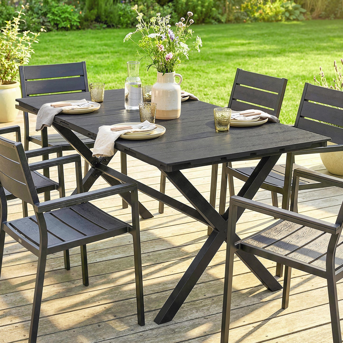 Garden Dining Table, Outdoor Table for 6, Wood Effect Top, Black