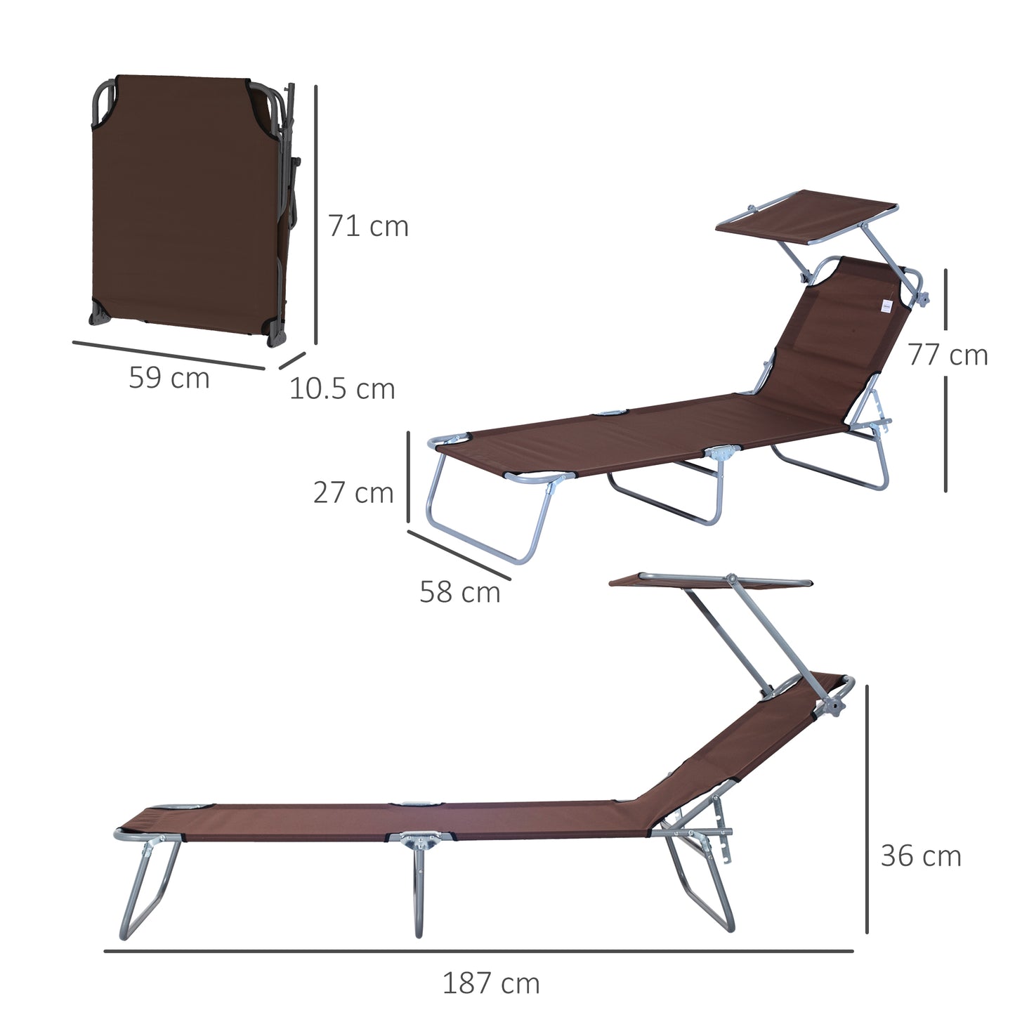 Reclining Chair Sun Lounger Folding Lounger Seat with Sun Shade Awning Beach Garden Outdoor Patio Lounger Adjustable (Brown)
