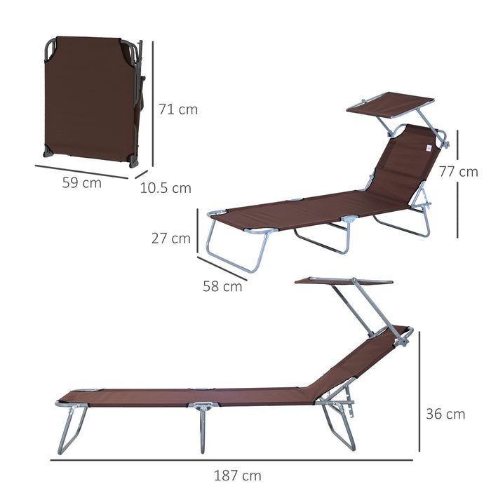 Reclining Chair Sun Lounger Folding Lounger Seat with Sun Shade Awning Beach Garden Outdoor Patio Recliner Adjustable (Brown)