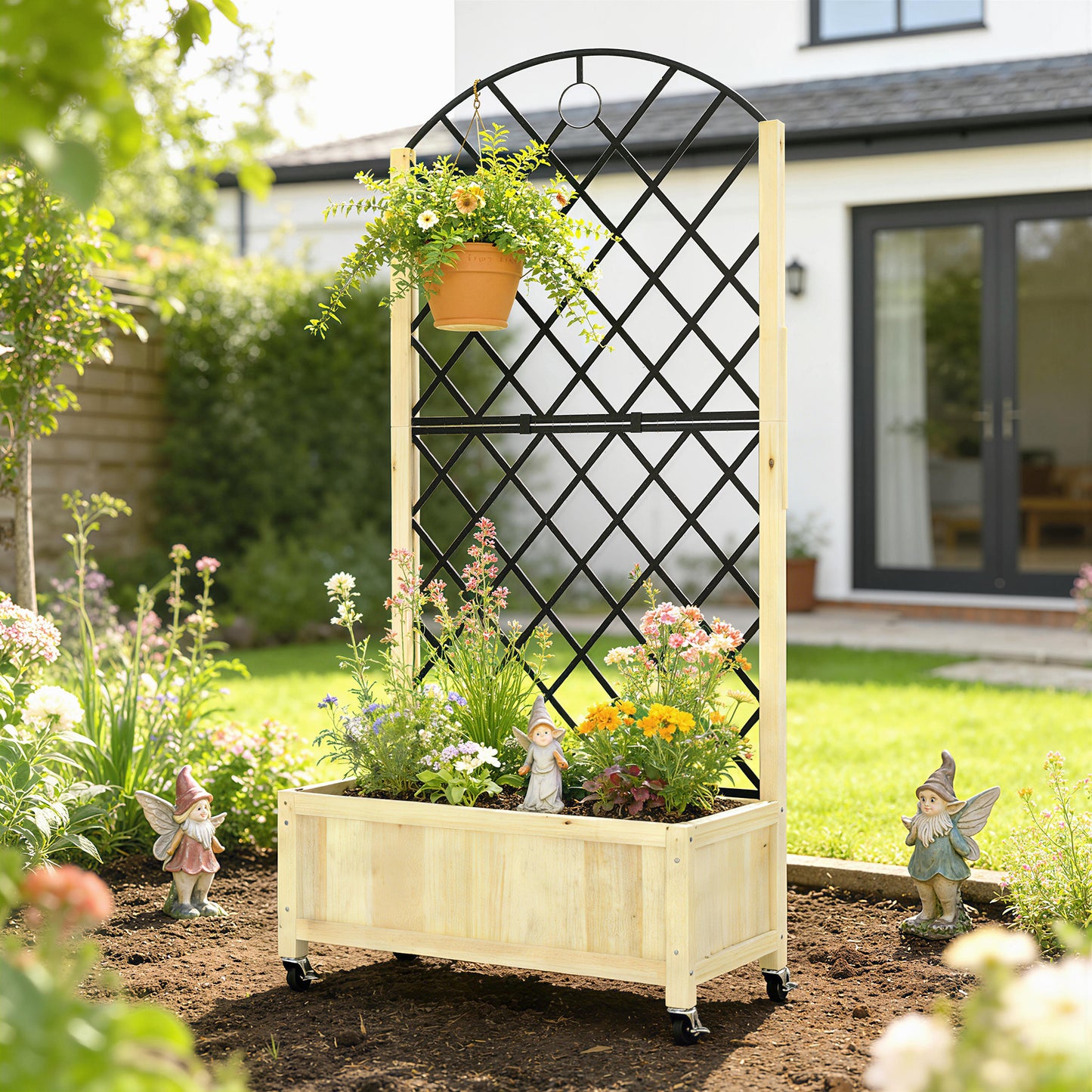 Garden Bed w/Metal Trellis, Wooden Elevated Planter Box, Natural