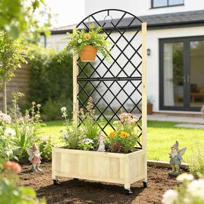 Garden Bed w/Metal Trellis, Wooden Elevated Planter Box, Natural
