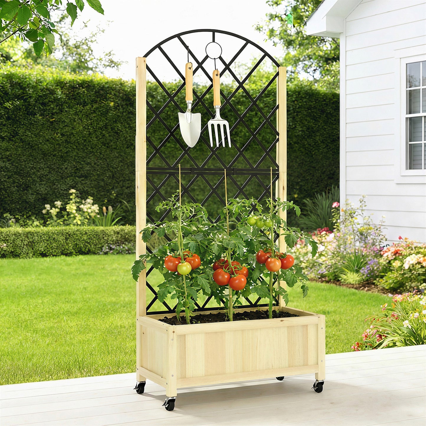 Garden Bed w/Metal Trellis, Wooden Elevated Planter Box, Natural