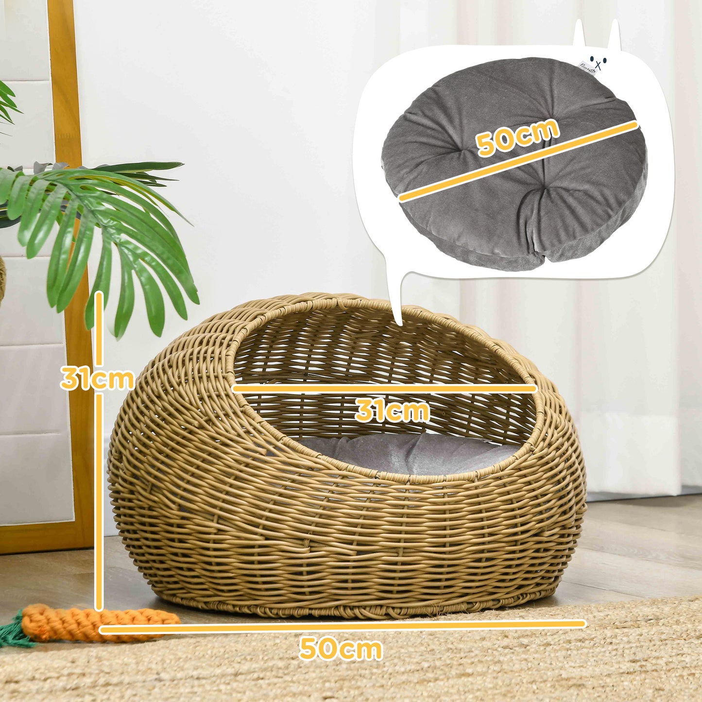 Wicker Cat House with Washable Cushion for Indoor Cats, Light Brown