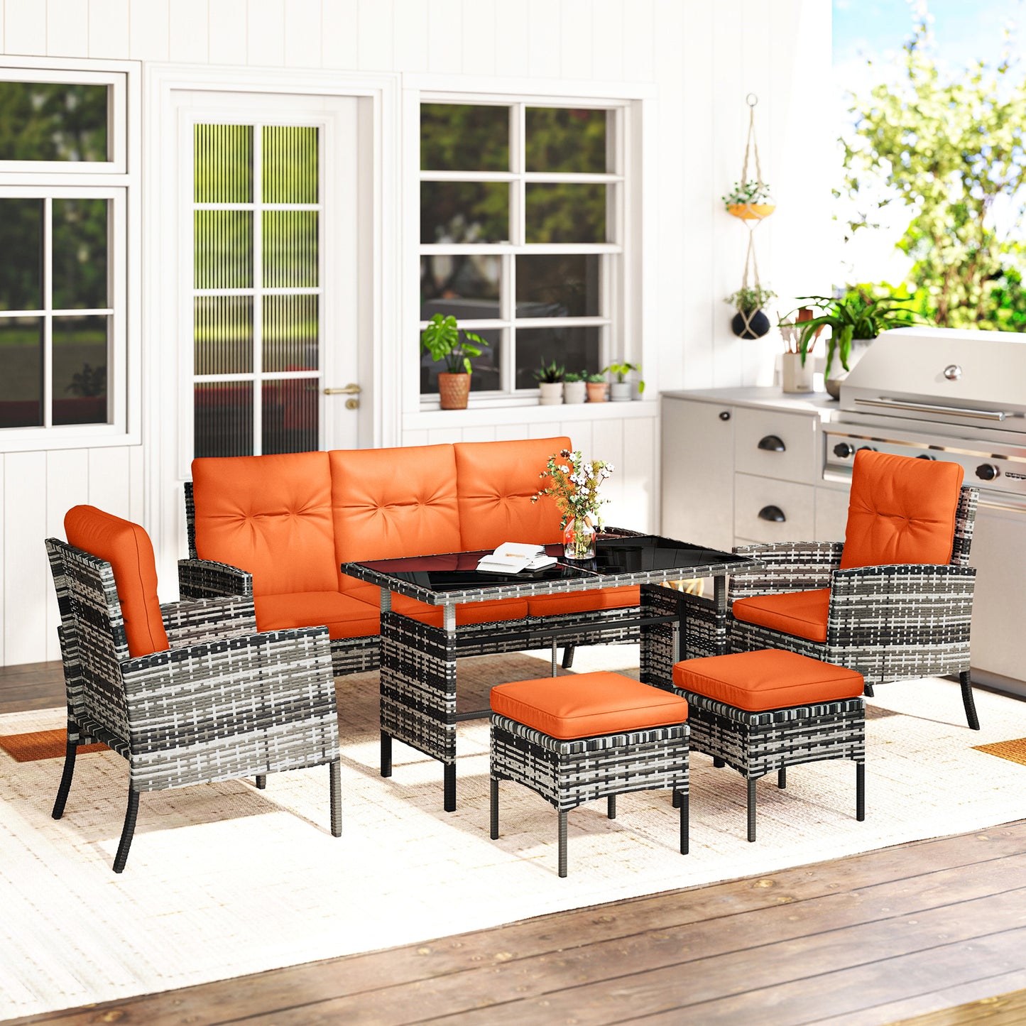6 Pieces Rattan Garden Furniture Sofa Set with Cushions, Orange