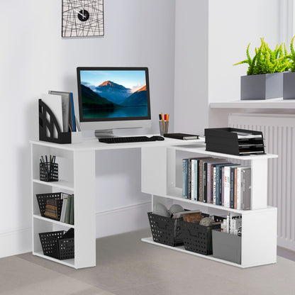 Corner Computer Desk with 360° Rotating Design and Bookshelf, White