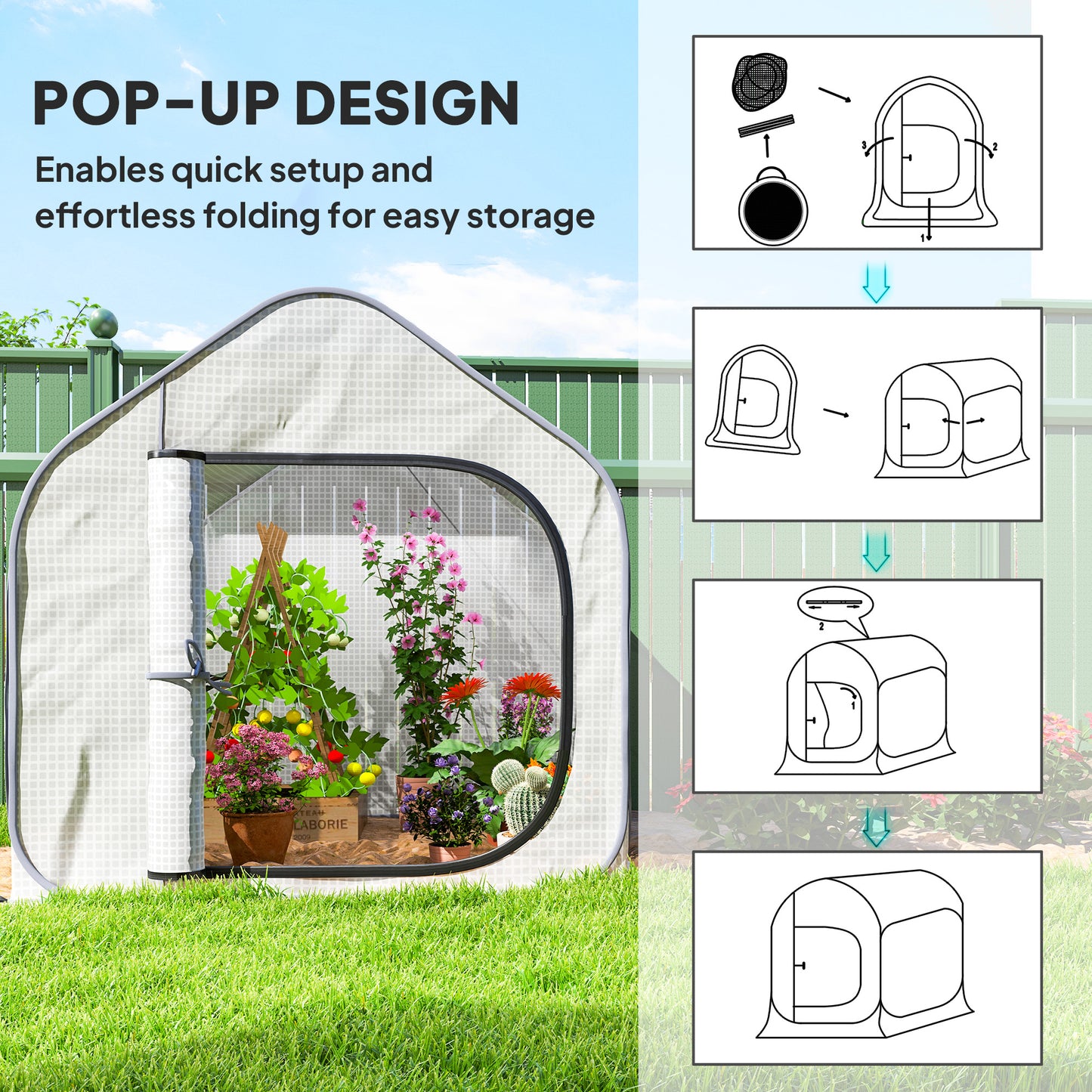 Mini Pop Up Greenhouse w/ Reinforced PE Cover, Zipper Door, White
