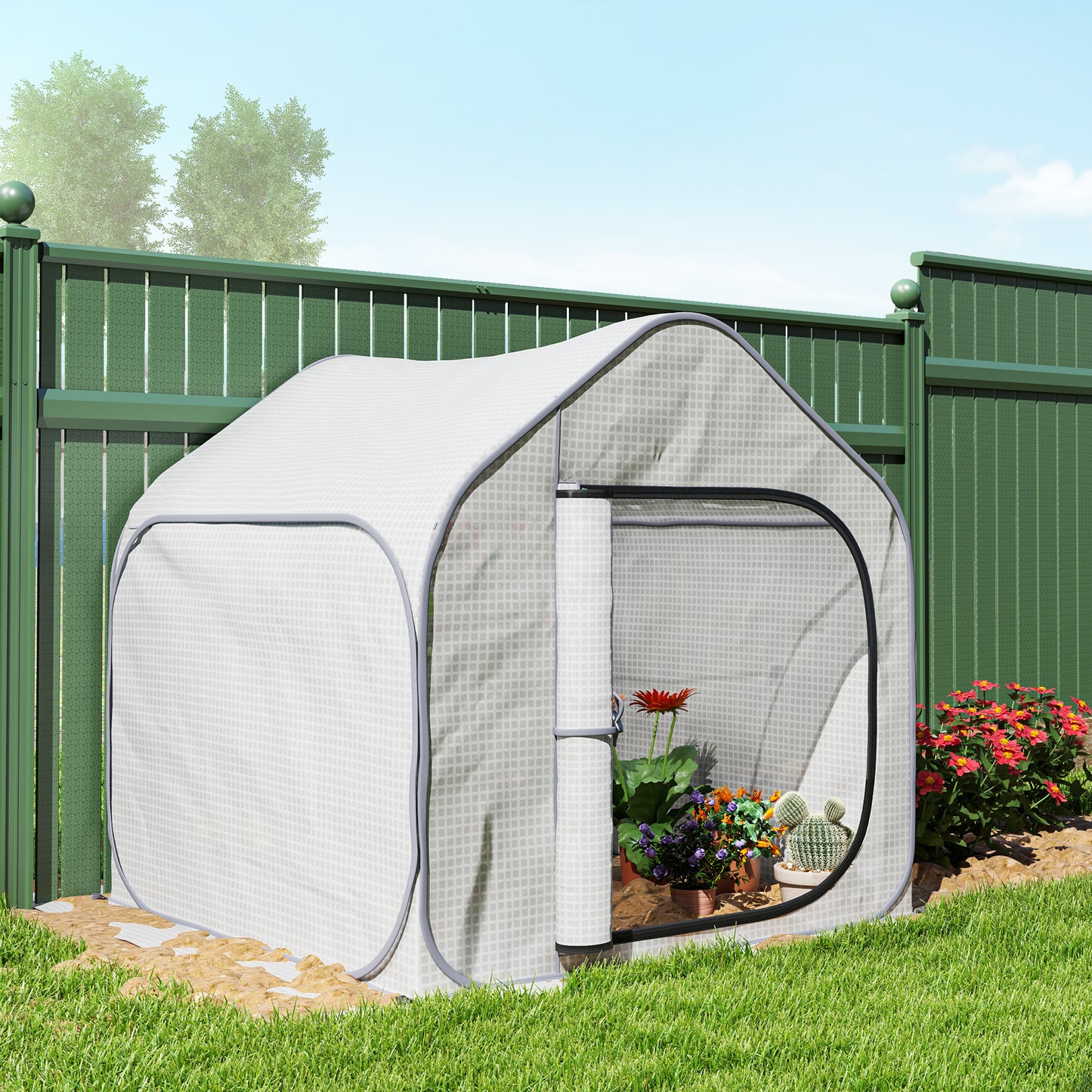 Mini Pop Up Greenhouse w/ Reinforced PE Cover, Zipper Door, White