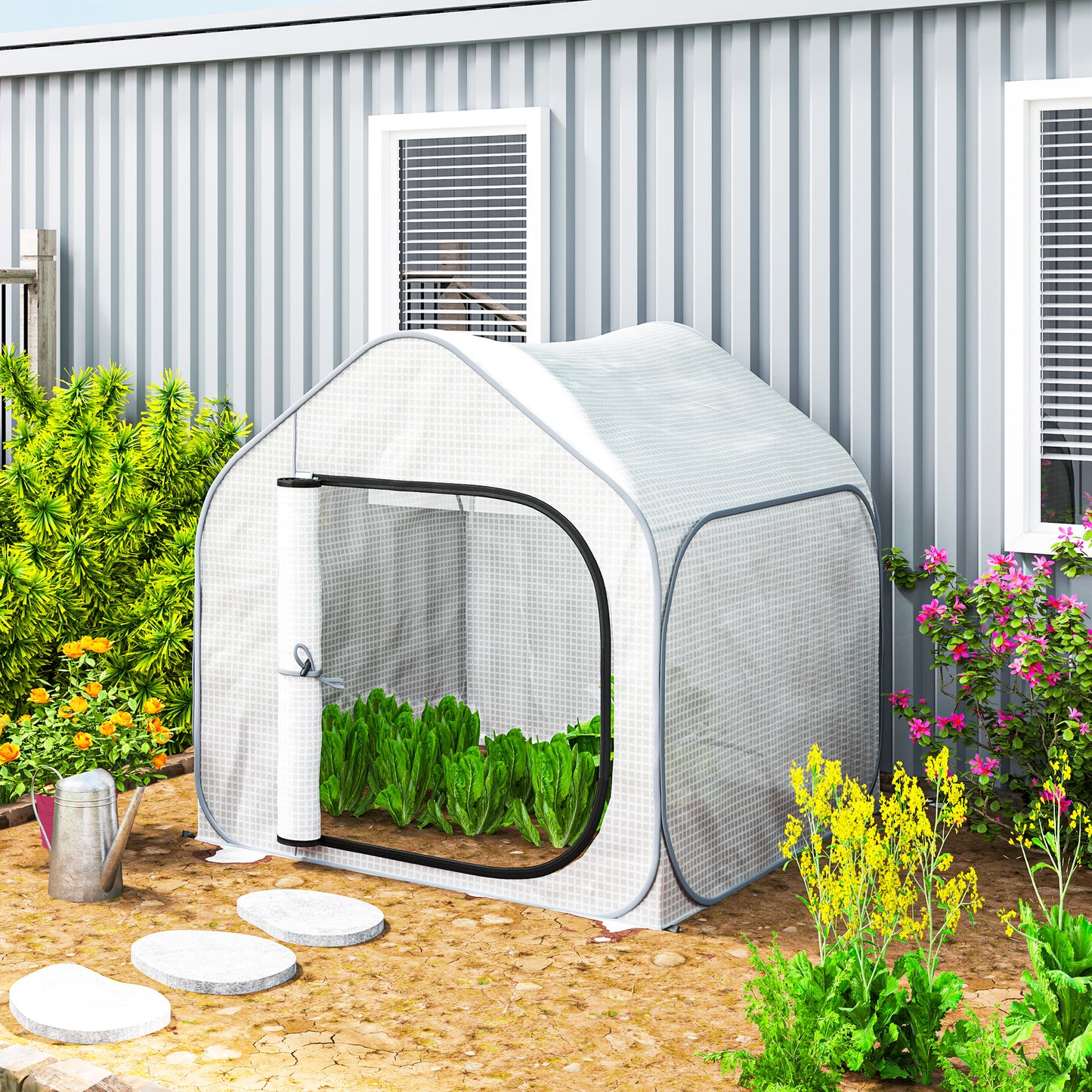 Mini Pop Up Greenhouse w/ Reinforced PE Cover, Zipper Door, White
