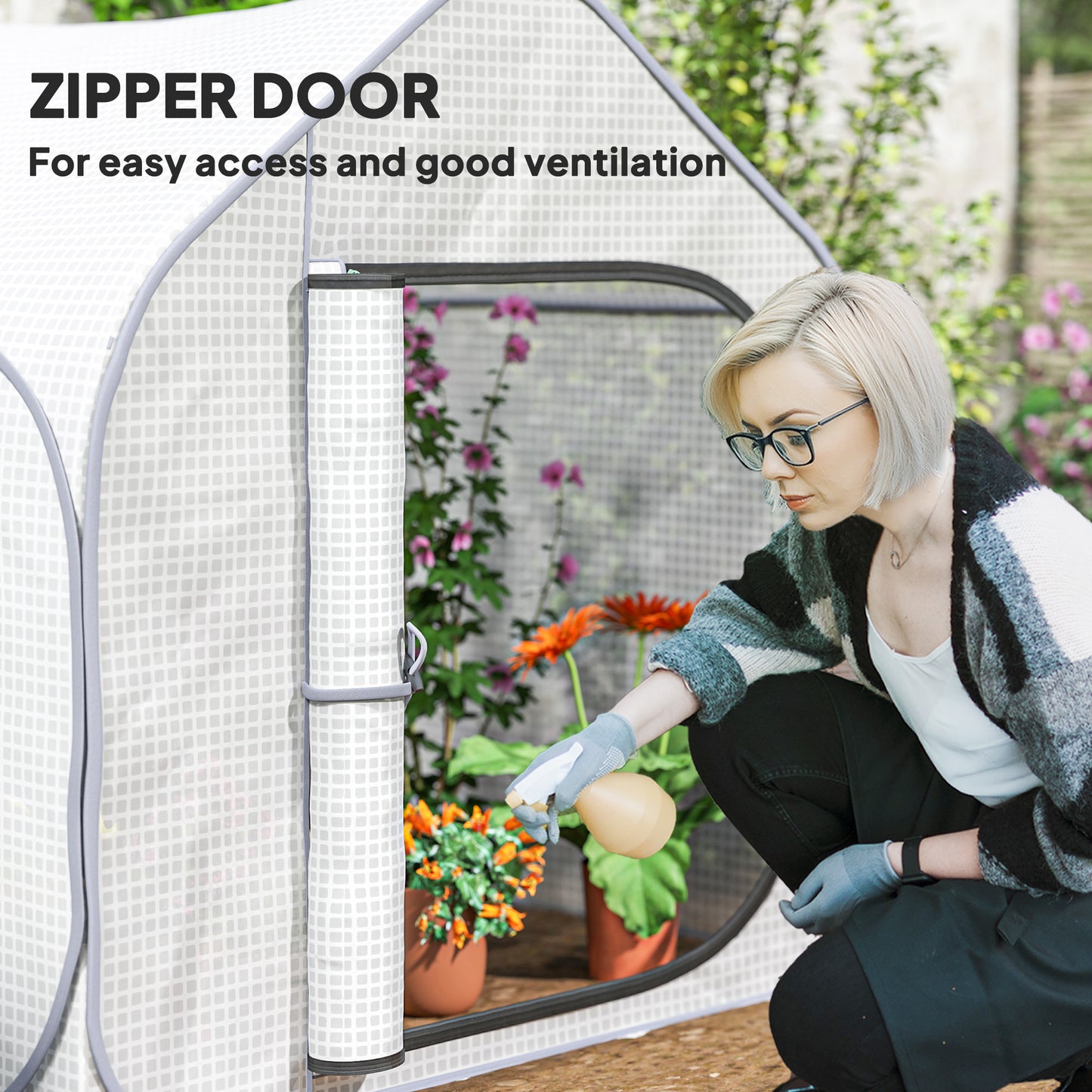 Mini Pop Up Greenhouse w/ Reinforced PE Cover, Zipper Door, White