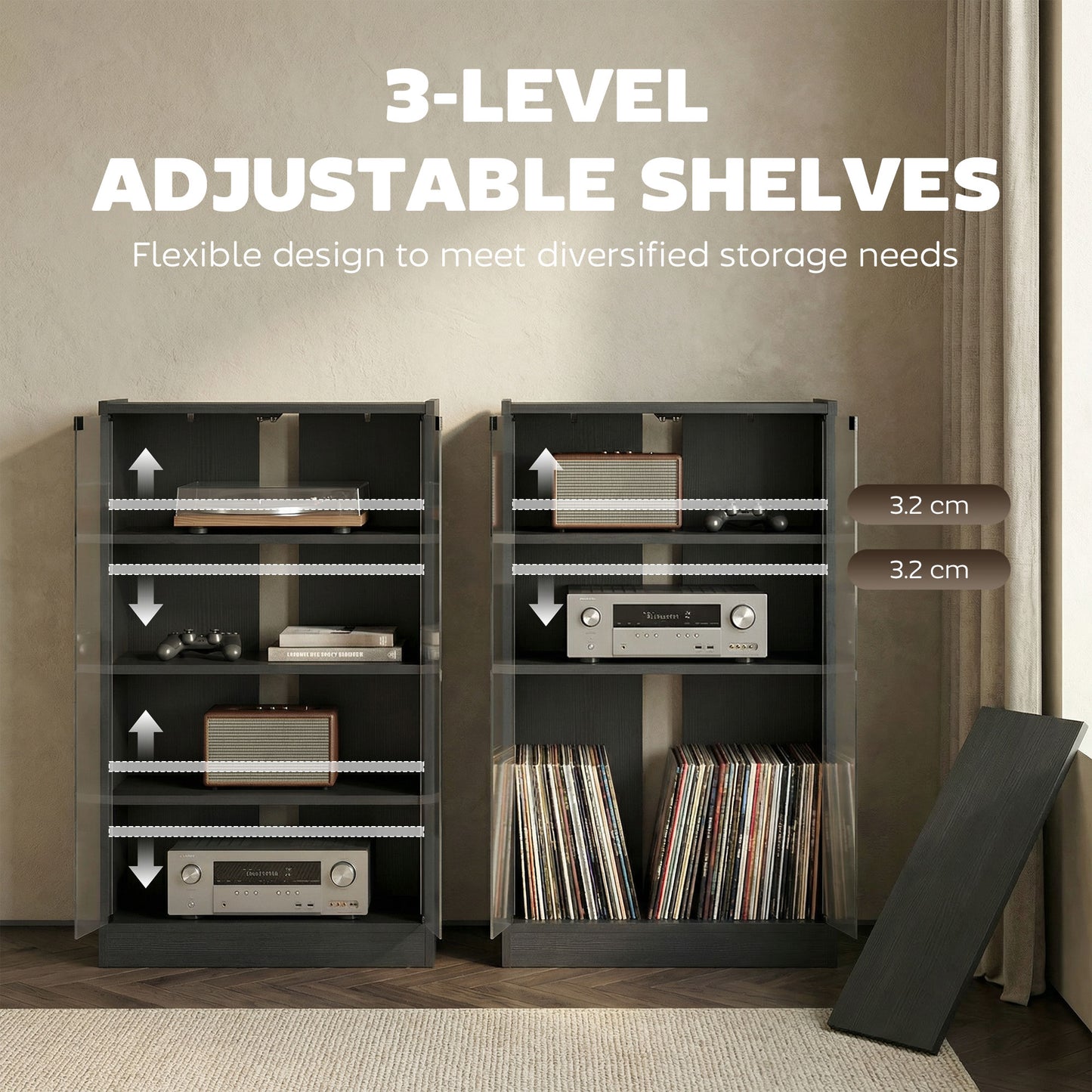 4-Tier Hi-Fi Stand with Adjustable Shelves, Black Wood-Effect