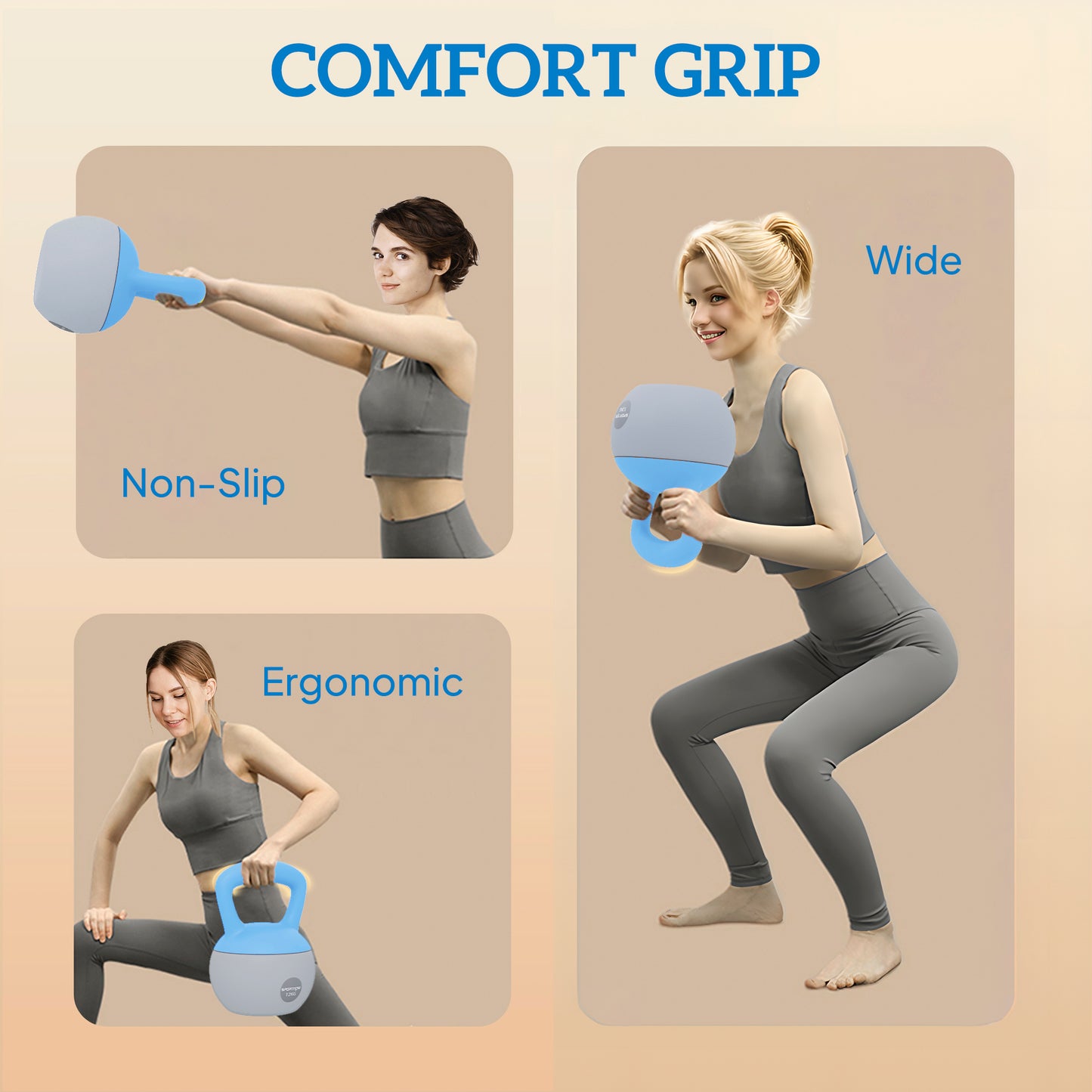 12KG Kettlebell w/ Soft Body, Non-Slip Handle, Light Blue and Grey