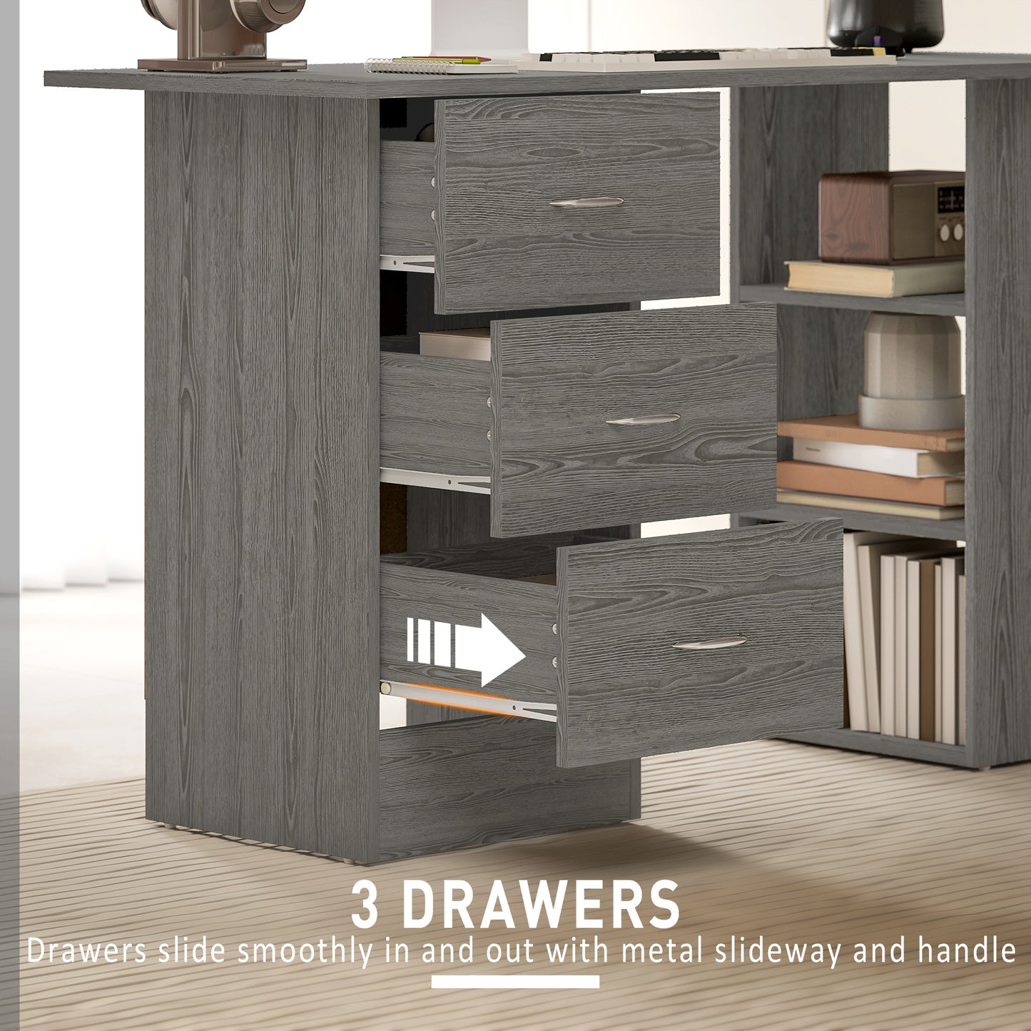 120cm Computer Desk, Study Table with 3 Shelf & Drawers, Grey