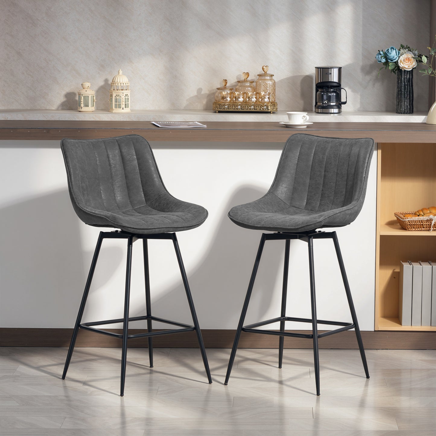 Swivel Bar Stools Set of 2, PU Leather Upholstered Bar Chairs, Grey