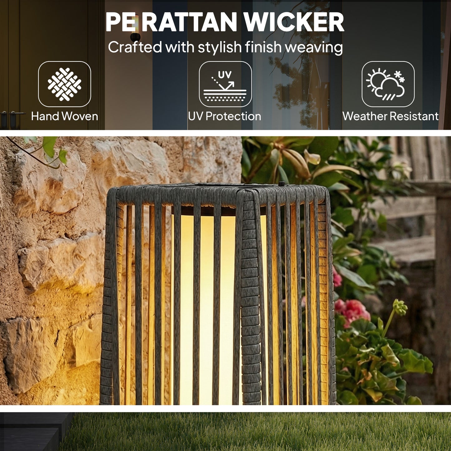 Solar Rattan Floor Lamp Auto On/Off Garden Lantern, Dark Grey