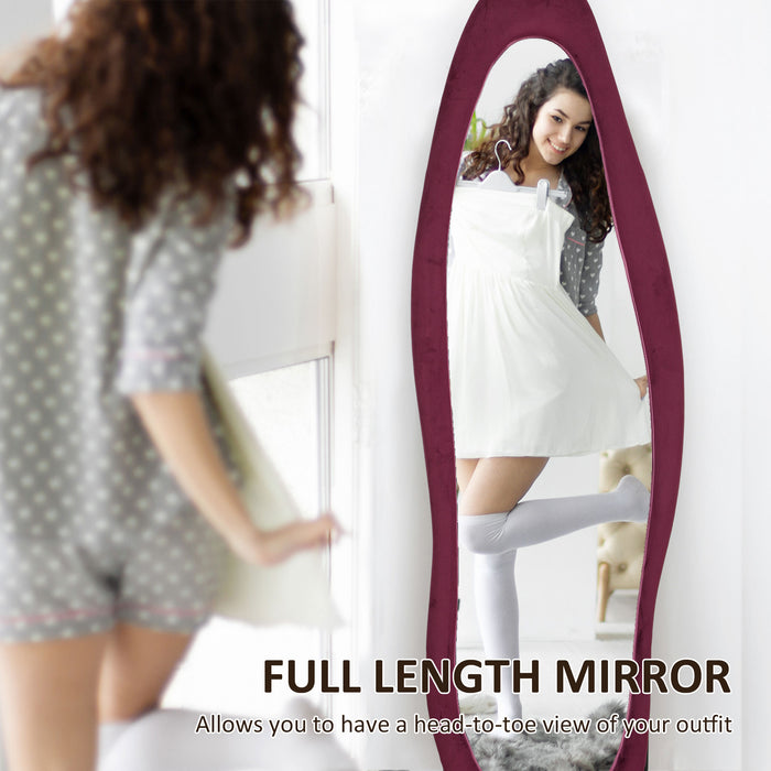 Irregular Full Length Mirror with Velvet Frame 160 x 50cm Wine Red