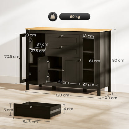 Modern Storage Cabinet with 4 Doors and 2 Drawers, Black Brown