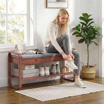 Shoe Bench with 2 Drawers, Shoe Storage Bench with Cushioned Seat, Storage Shelf and Bamboo Frame, 130 kg Weight Capacity, 105 x 33.2 x 55 cm, Dark Brown and Grey