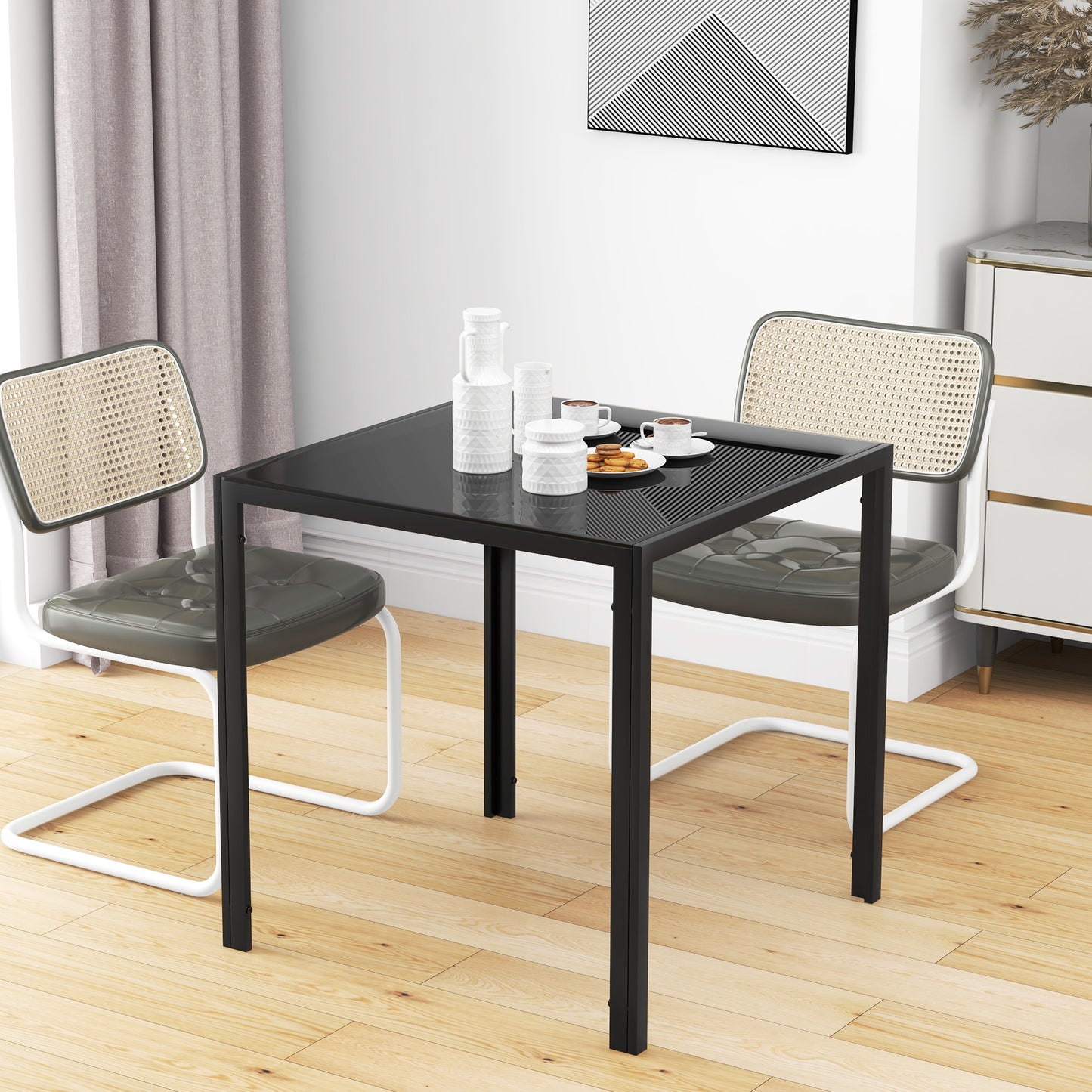 Modern Square Dining Table with Tempered Glass Top Metal Legs
