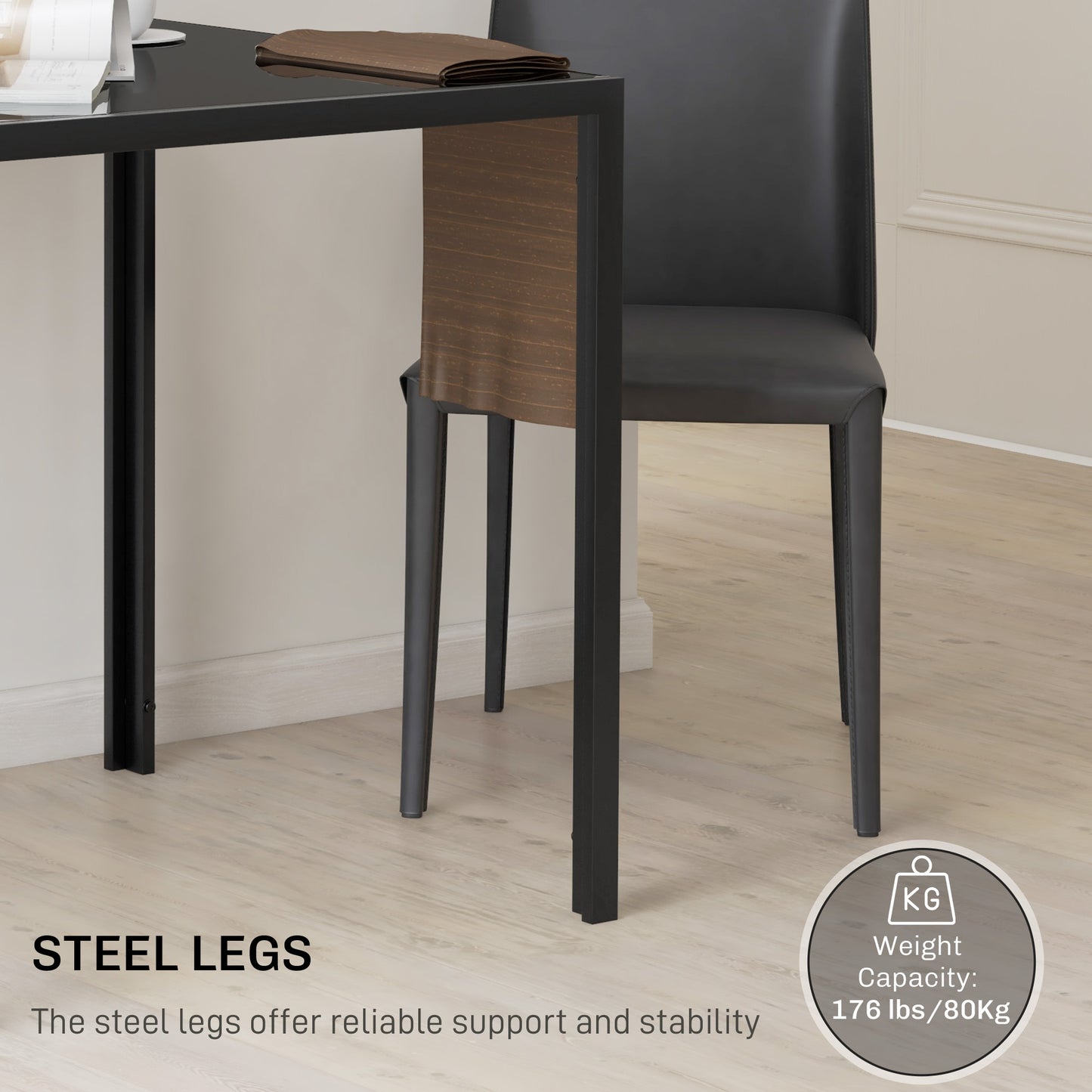 Modern Square Dining Table with Tempered Glass Top Metal Legs