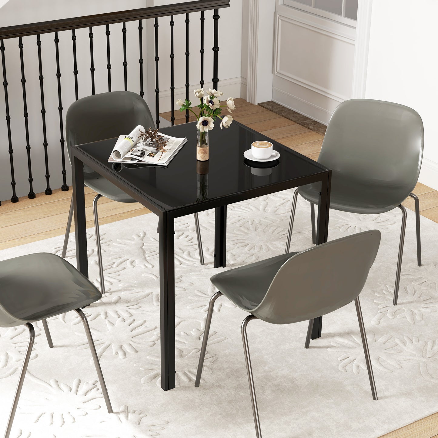 Modern Square Dining Table with Tempered Glass Top Metal Legs
