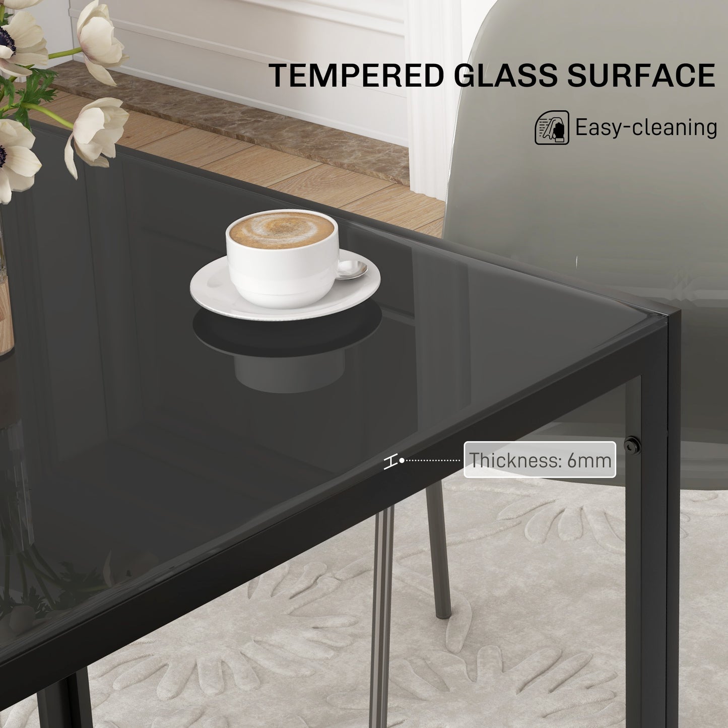 Modern Square Dining Table with Tempered Glass Top Metal Legs