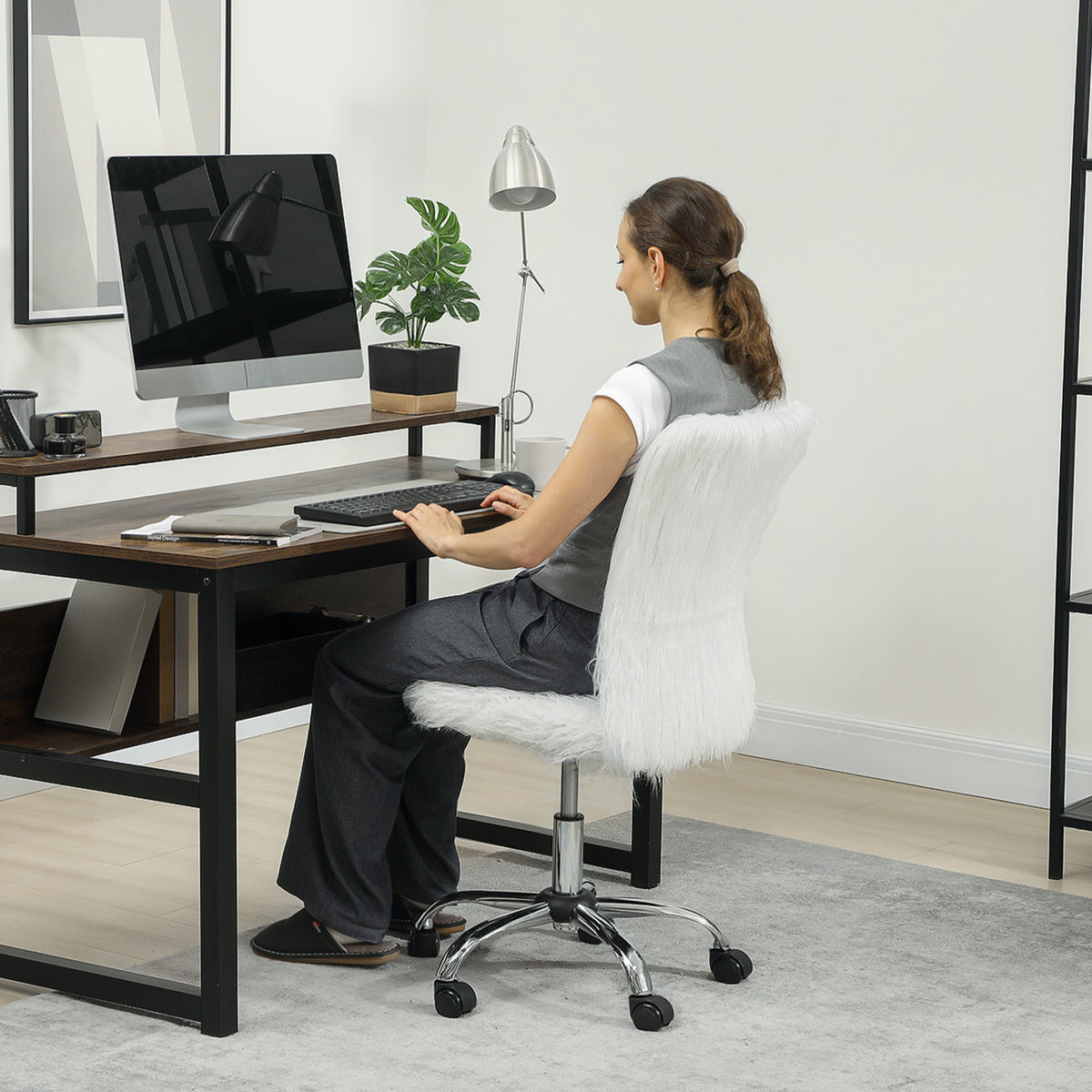 Armless Makeup Vanity Chair, 360 Degree Swivel Computer Chair, White