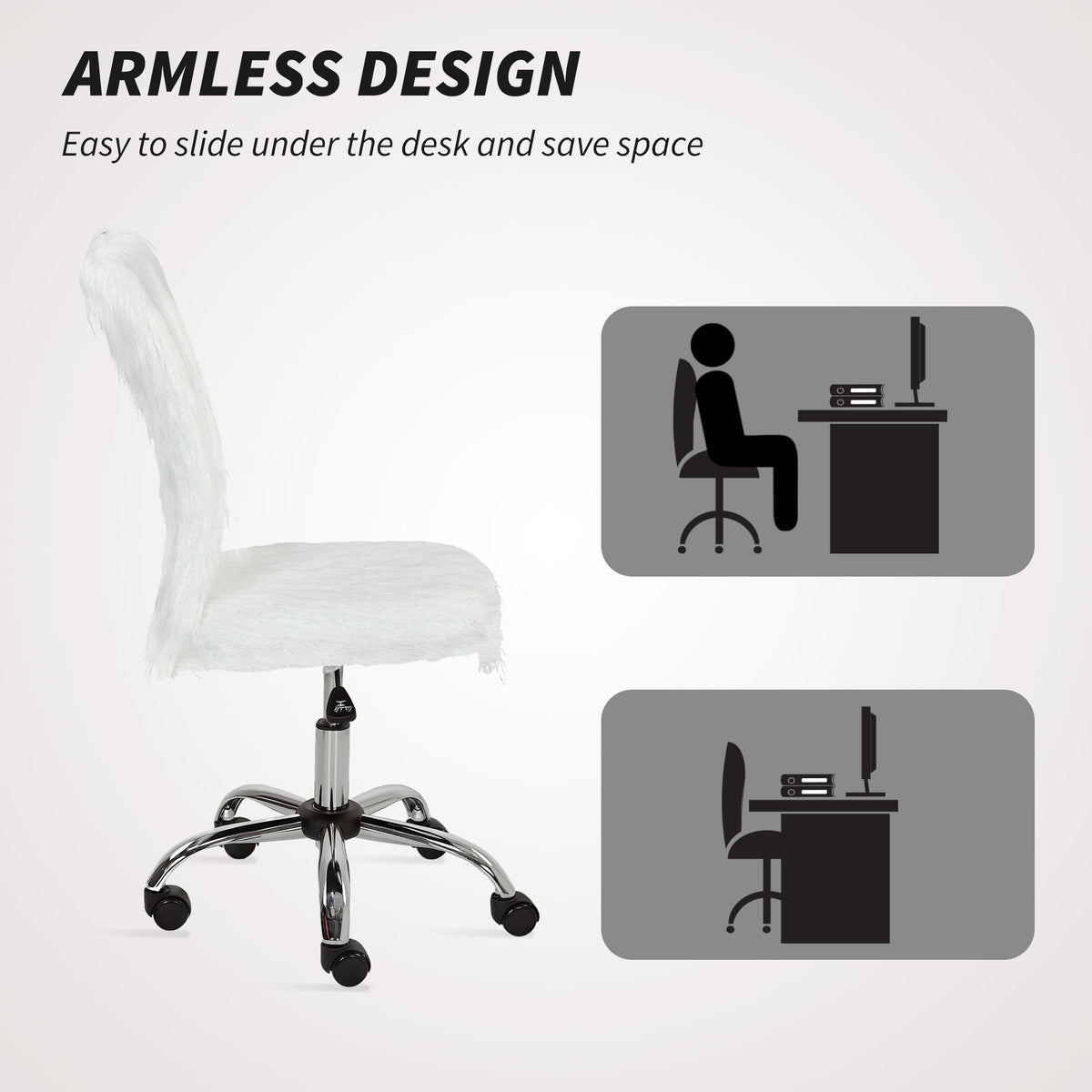 Armless Makeup Vanity Chair, 360 Degree Swivel Computer Chair, White