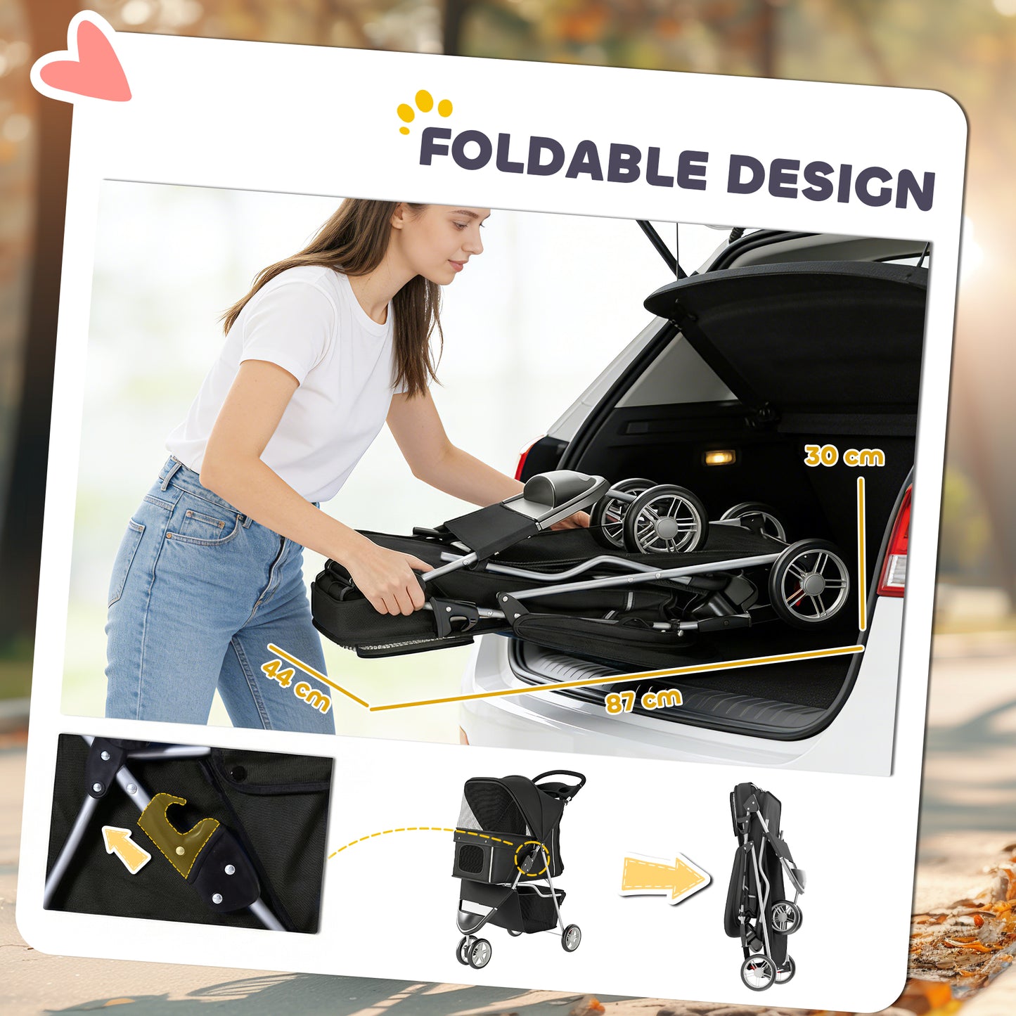 Pet Stroller Pushchair Carrier for Cat Puppy with 3 Wheels Black