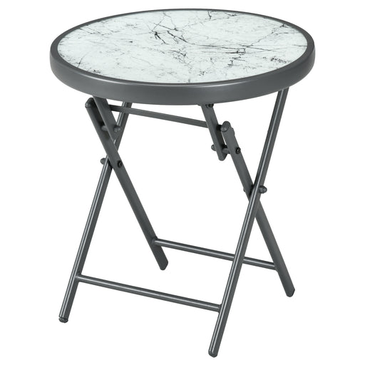 Φ45cm Outdoor Side Table, Round Folding Patio Table with Imitation Marble Glass Top, Small Coffee Table, White