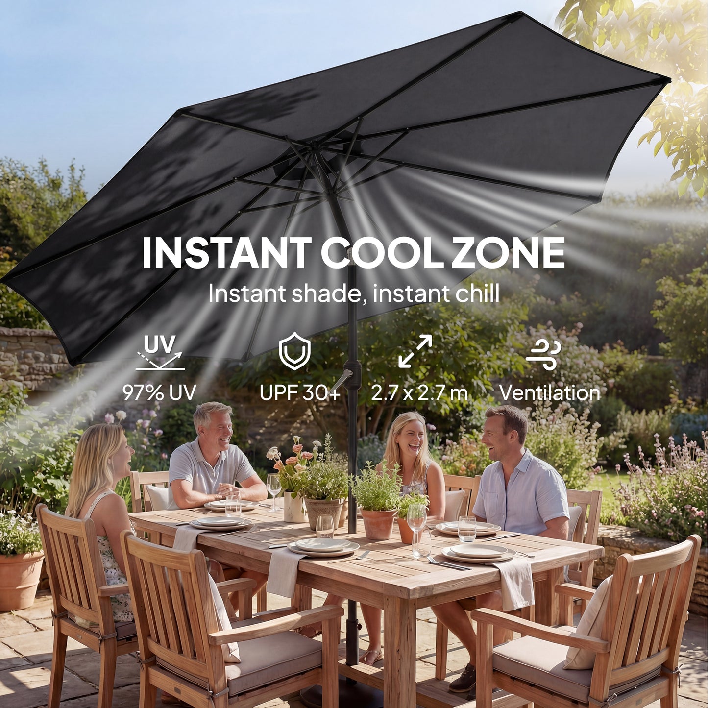 2.7 m Garden Parasol Umbrella with Cross Base, Sandbag, Black