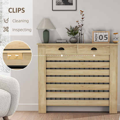 Radiator Cover with Drawer, Horizontal Slat, 111cm, Oak