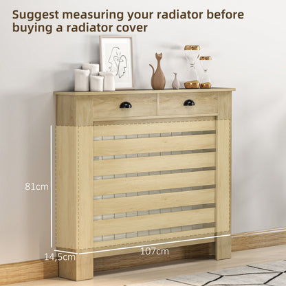 Radiator Cover with Drawer, Horizontal Slat, 111cm, Oak