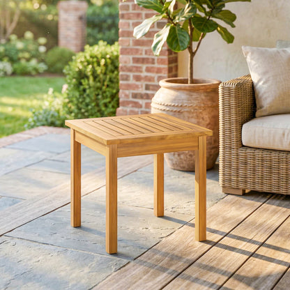 Garden Table, Outdoor Side Table with Slatted Tabletop, Adjustable Foot Pads, Solid Acacia Wood for Indoor Outdoor, Living Room, Balcony, Natural Wood