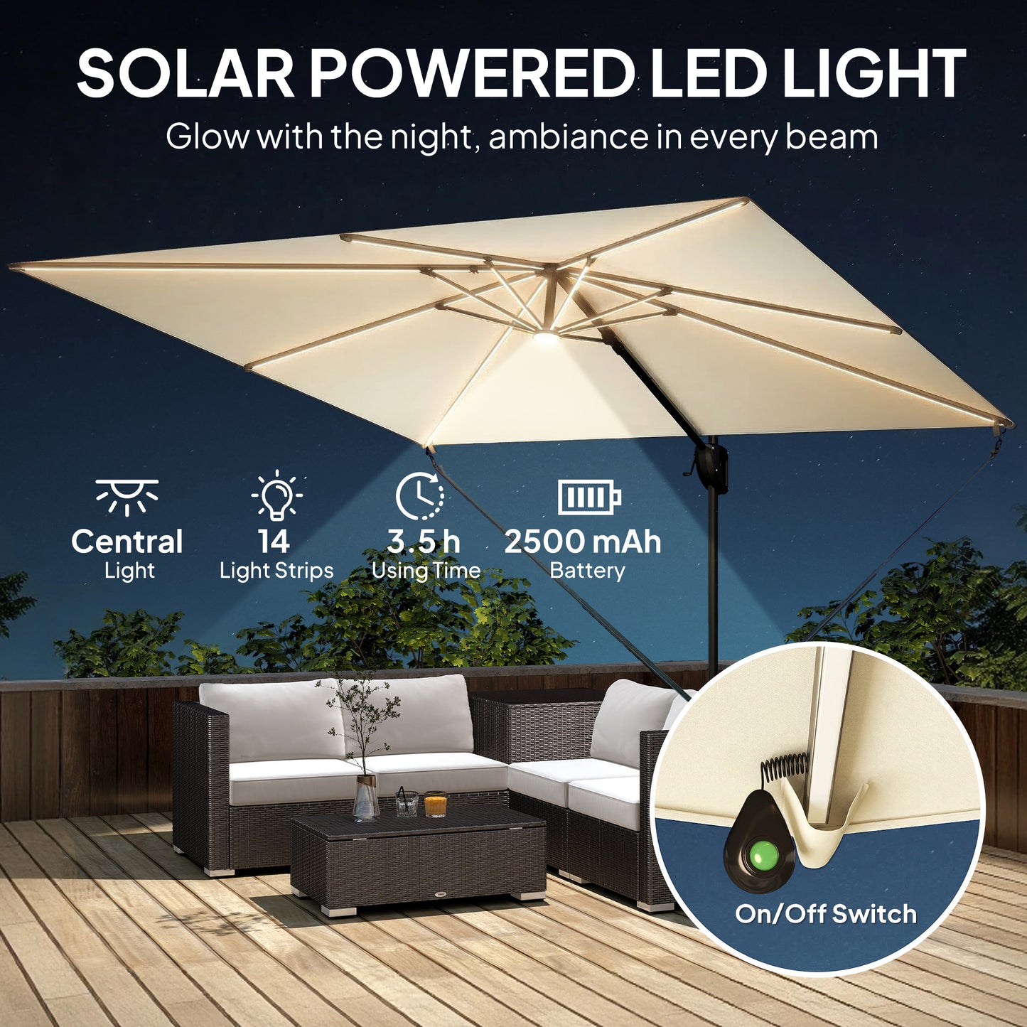 3 x 3 m Garden Cantilever Parasol w/ Light, Cover, Wind Protection