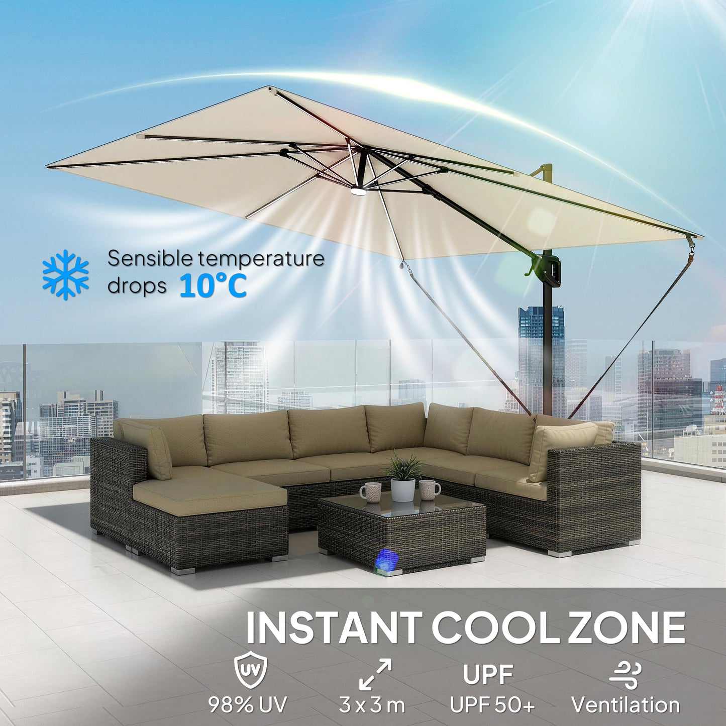 3 x 3 m Garden Cantilever Parasol w/ Light, Cover, Wind Protection