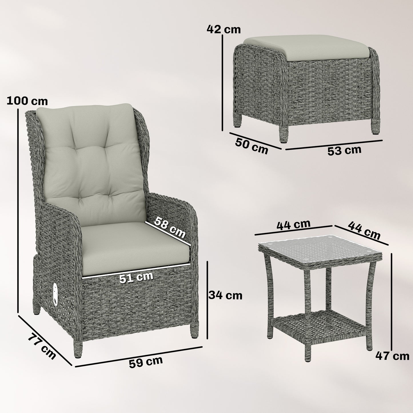 5 Piece Garden Furniture Set, Rattan Reclining Garden Chair Set of 2 with Footstool and Cushion  Cream