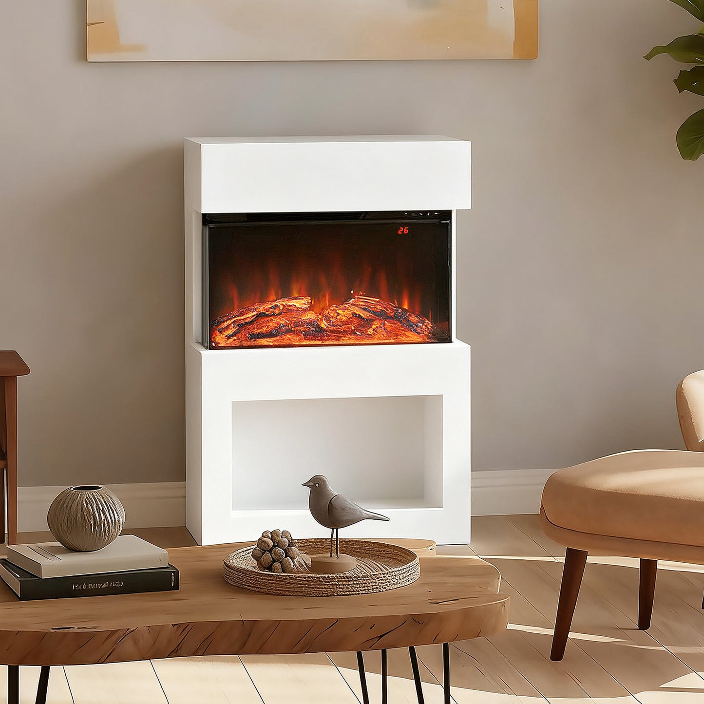 1000W/2000W Electric Fire and Mantel with Remote & Timer, White