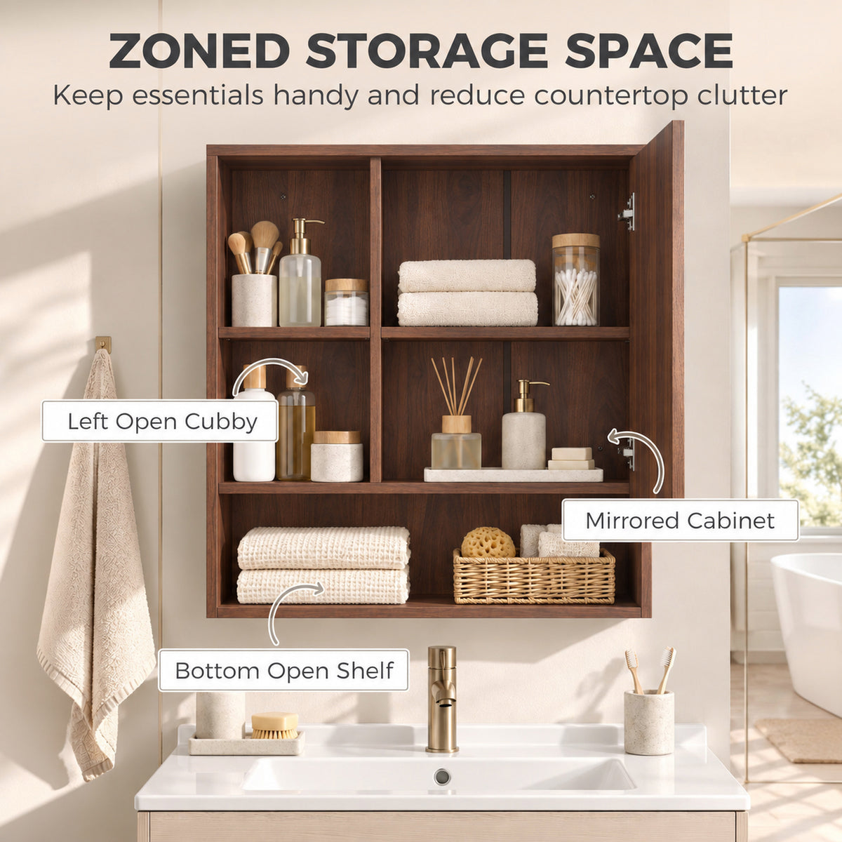 Wall-Mounted Bathroom Mirror Cabinet with Adjustable Shelves - Walnut Brown
