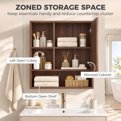 Wall-Mounted Bathroom Mirror Cabinet with Adjustable Shelves - Walnut Brown