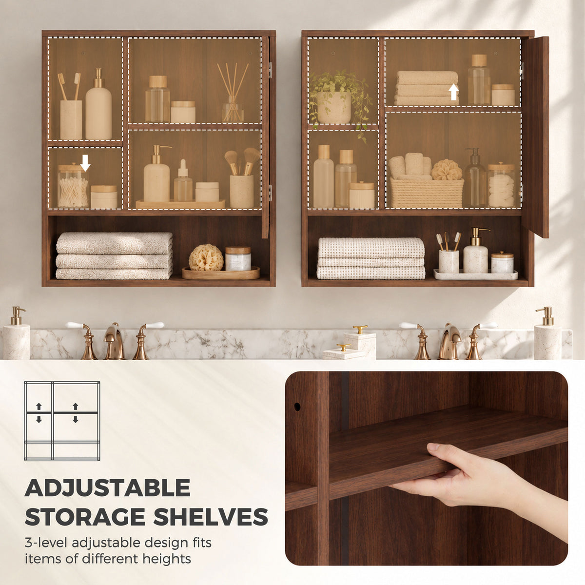 Wall-Mounted Bathroom Mirror Cabinet with Adjustable Shelves - Walnut Brown