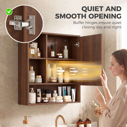 Wall-Mounted Bathroom Mirror Cabinet with Adjustable Shelves - Walnut Brown