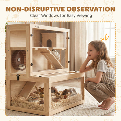 Wooden Hamster Cage, Large Gerbil Cage with Hut, Wheel, Ramps, 3 Tier Small Animal Habitat with Removable Viewing Panels, 80 x 50 x 84 cm, Natural