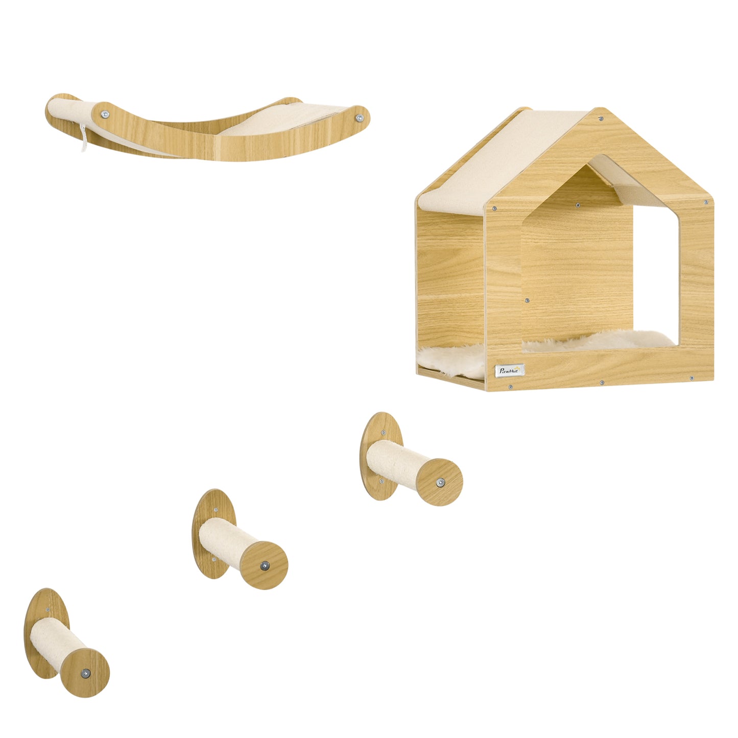 5PCs Wall Mounted Cat Tree Cat Climbing Shelf Set Scratching Post, Oak