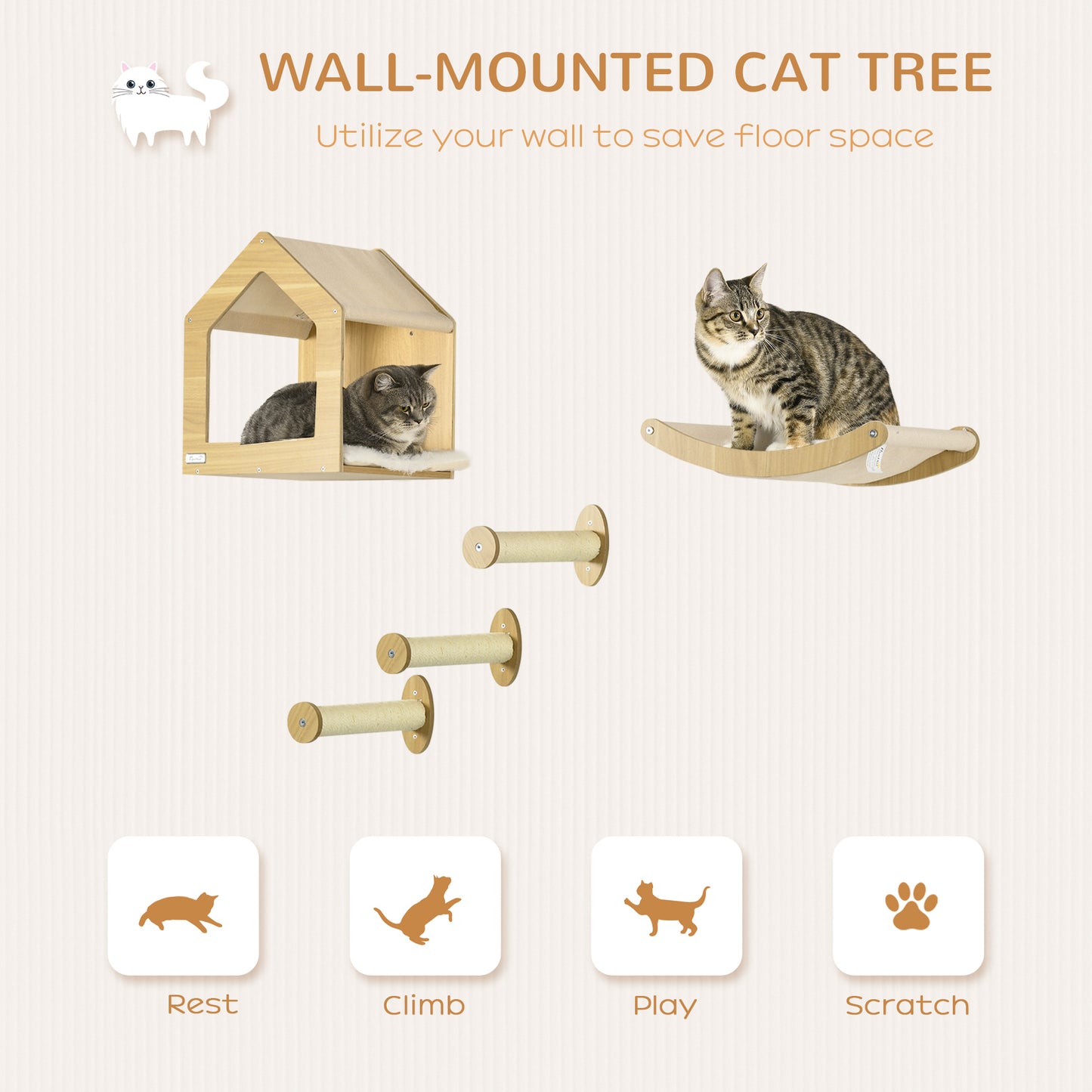 5PCs Wall Mounted Cat Tree Cat Climbing Shelf Set Scratching Post, Oak