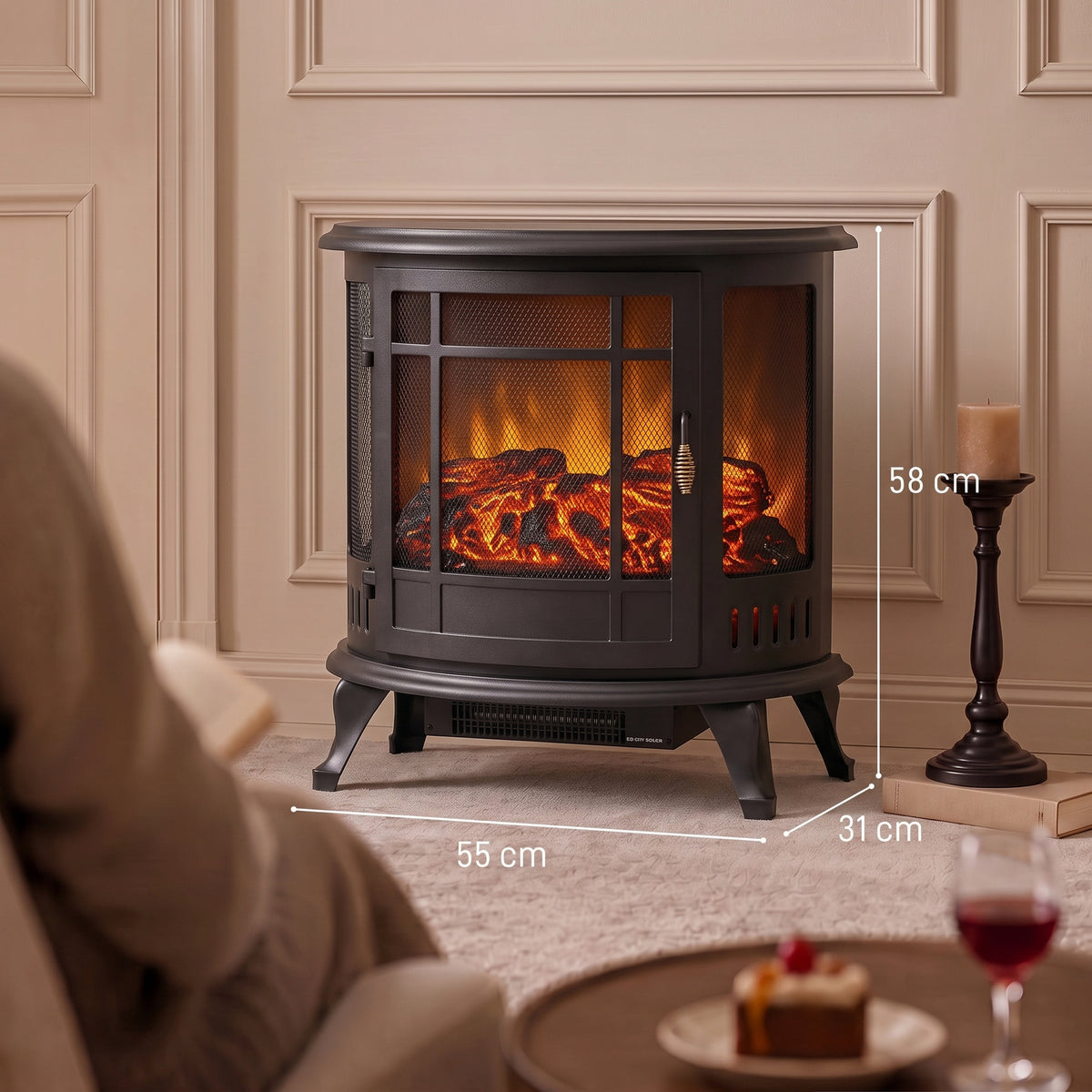 Electric Fireplace Stove with Realistic Flame, Fire Place, Black