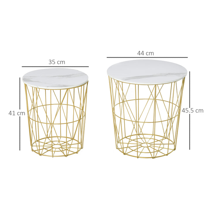 Set of 2 Nesting Side Tables with Storage, Round End Tables Coffee Tables with Steel Frame and Removable Round Top, White