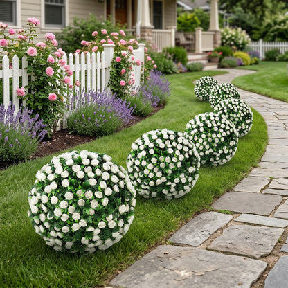 Set of 2 55 cm Artificial Rose Topiary with Ground Stake, UV-Resistant Fake Plants with 306 Roses and Leaves for Indoor Outdoor Home Office Garden Decor, White