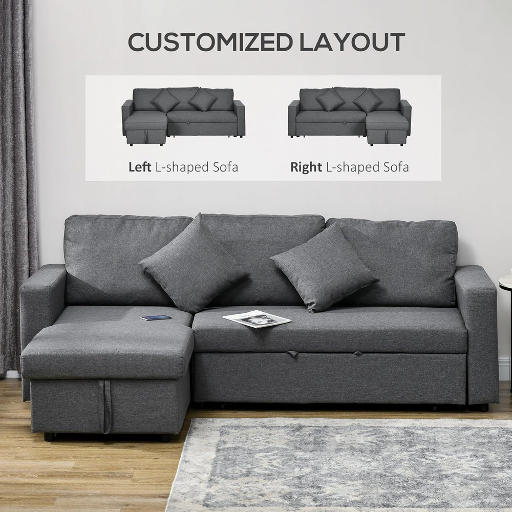 Corner Sofa Bed with Storage, 3 Seater Pull Out Sofa Bed, Convertible L Shape Sofa Couch with Reversible Chaise Lounge for Living Room, Dark Grey